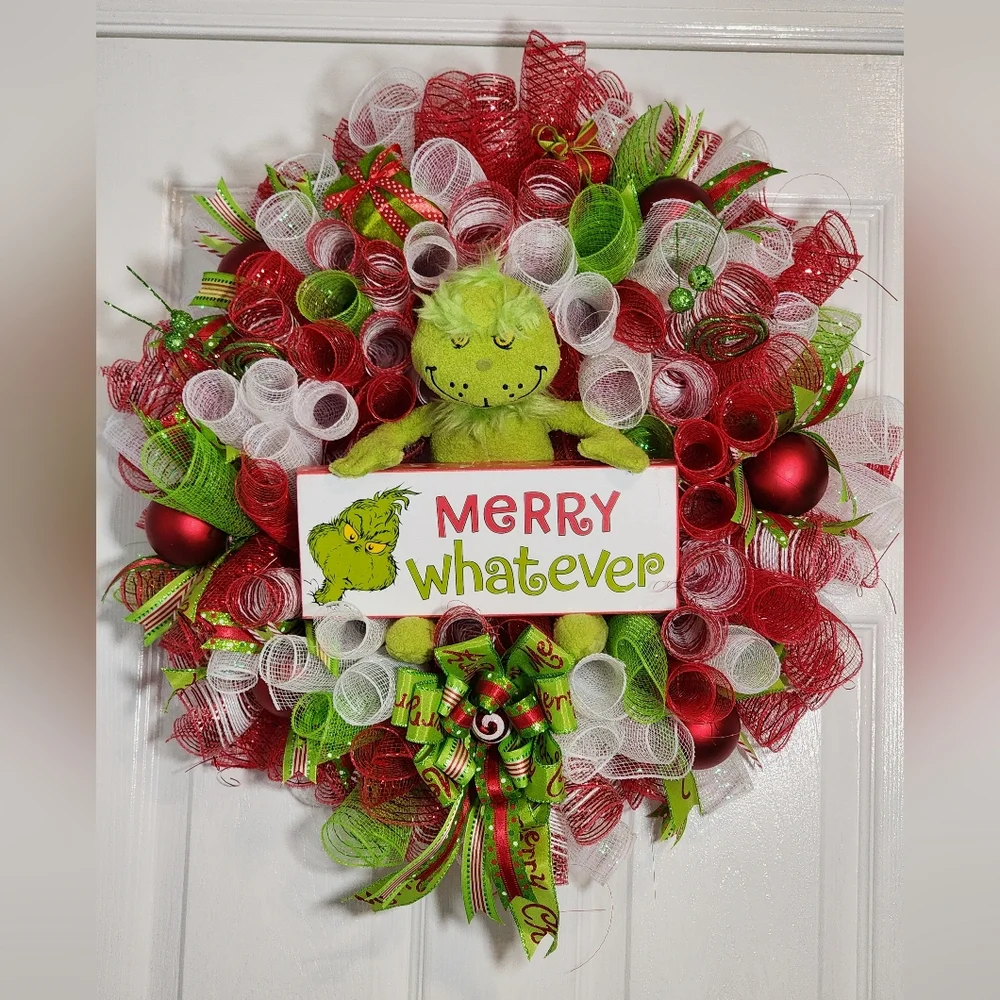 Festive GRINCH Holiday Christmas Wreath - Red, Green, White